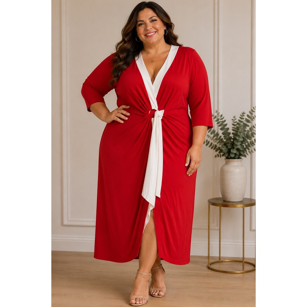 Nina‎ Leonard Red Cream Trim Wrap Midi Dress Plus Size 2X